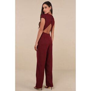 Lulus Jumpsuit Womens L Illustrious Charm Burgundy Cap Sleeve Cutout New/Defects